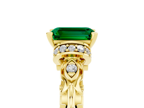 Yellow gold Emerald Cut Emerald Solitaire Ring with Filigree Band and Four-Prong Setting_29