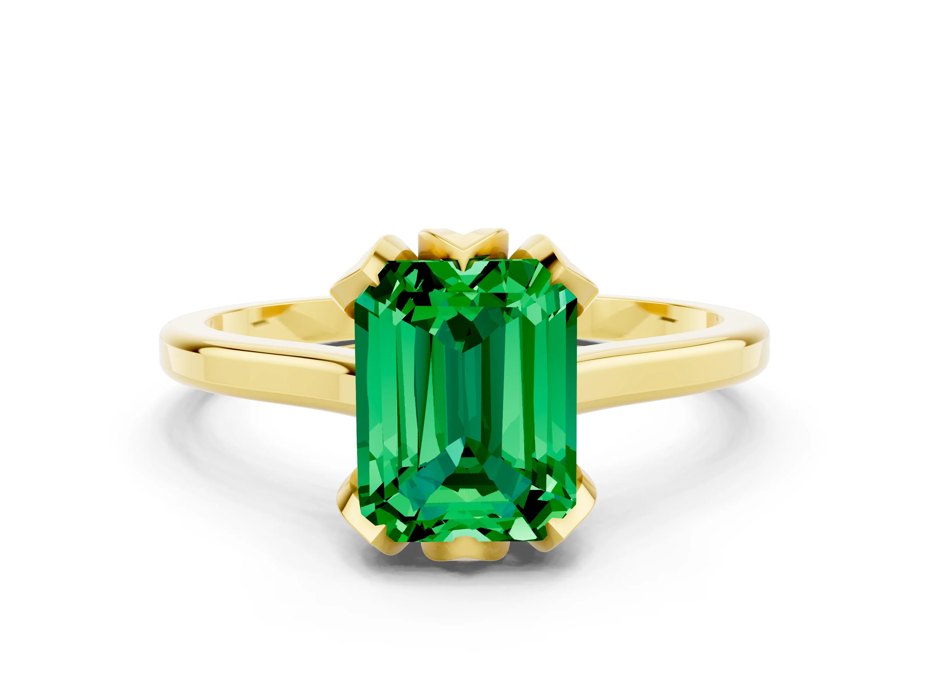 Yellow gold Emerald Cut Emerald Solitaire Ring with Flower Prong Setting and Classic Band_12