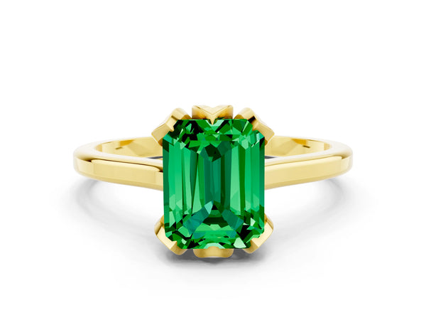Yellow gold Emerald Cut Emerald Solitaire Ring with Flower Prong Setting and Classic Band