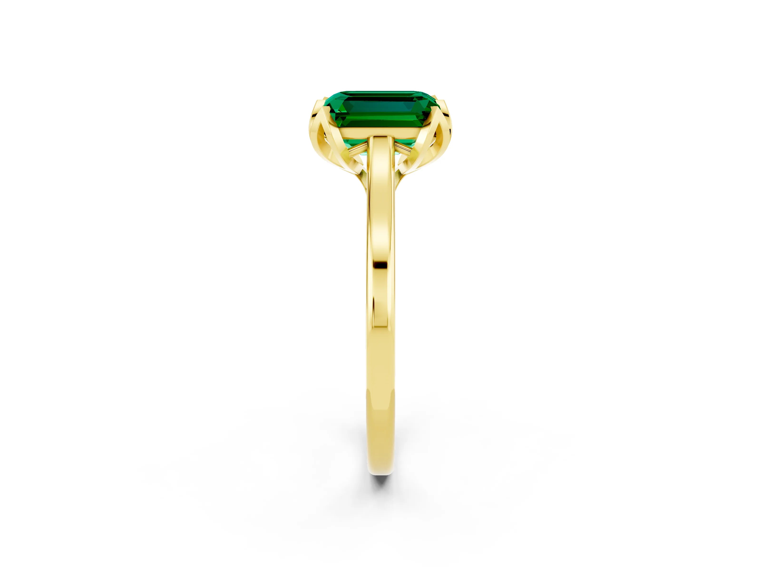 Yellow gold Emerald Cut Emerald Solitaire Ring with Flower Prong Setting and Classic Band_14