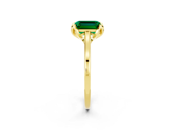 Yellow gold Emerald Cut Emerald Solitaire Ring with Flower Prong Setting and Classic Band