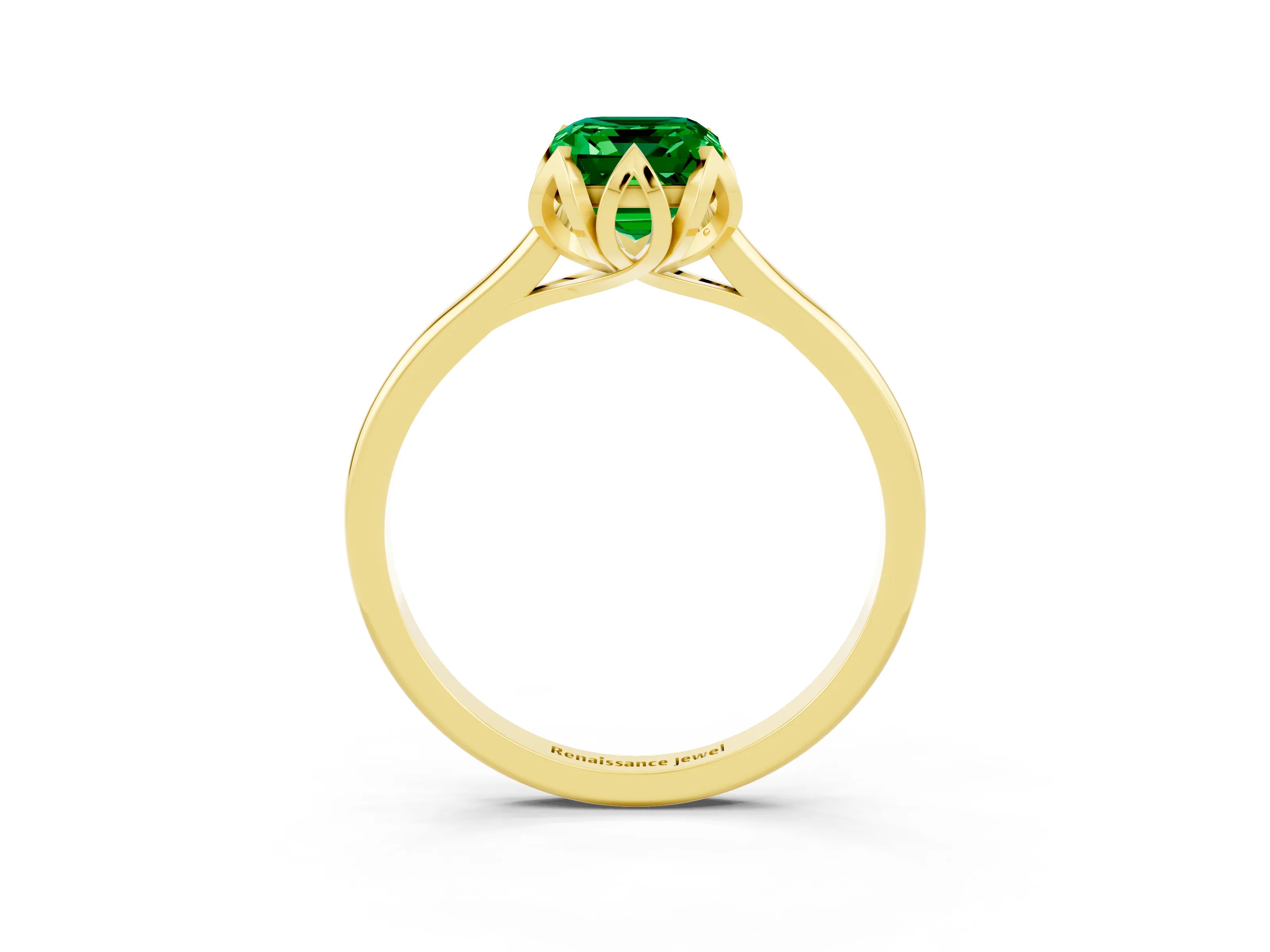 Yellow gold Emerald Cut Emerald Solitaire Ring with Flower Prong Setting and Classic Band_15