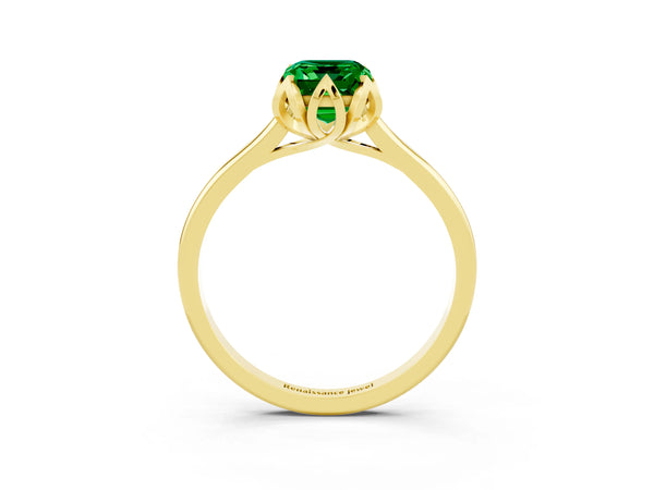 Yellow gold Emerald Cut Emerald Solitaire Ring with Flower Prong Setting and Classic Band