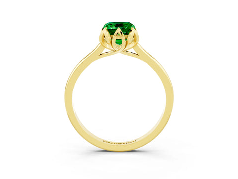 Yellow gold Emerald Cut Emerald Solitaire Ring with Flower Prong Setting and Classic Band_15