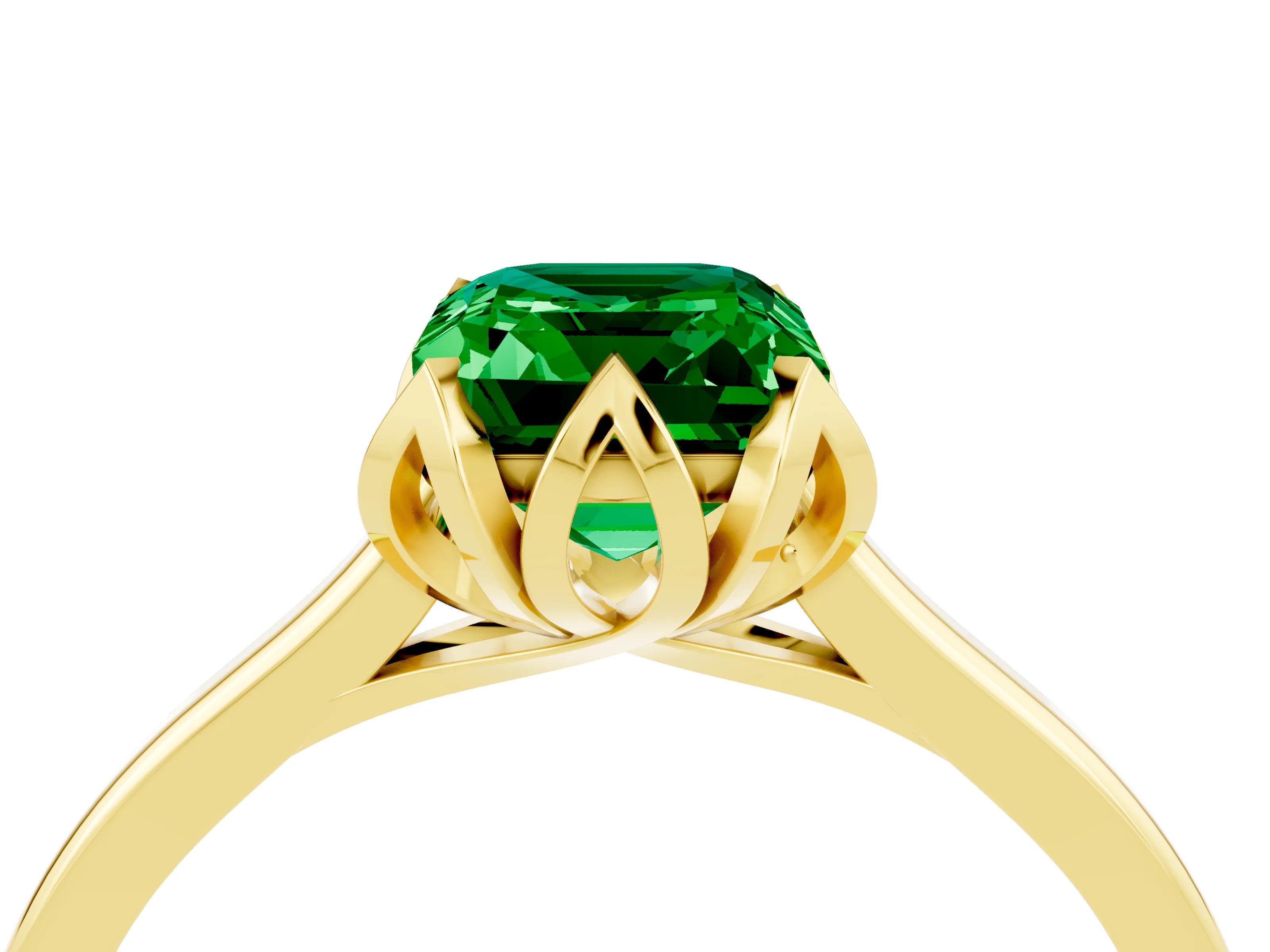 Yellow gold Emerald Cut Emerald Solitaire Ring with Flower Prong Setting and Classic Band_16