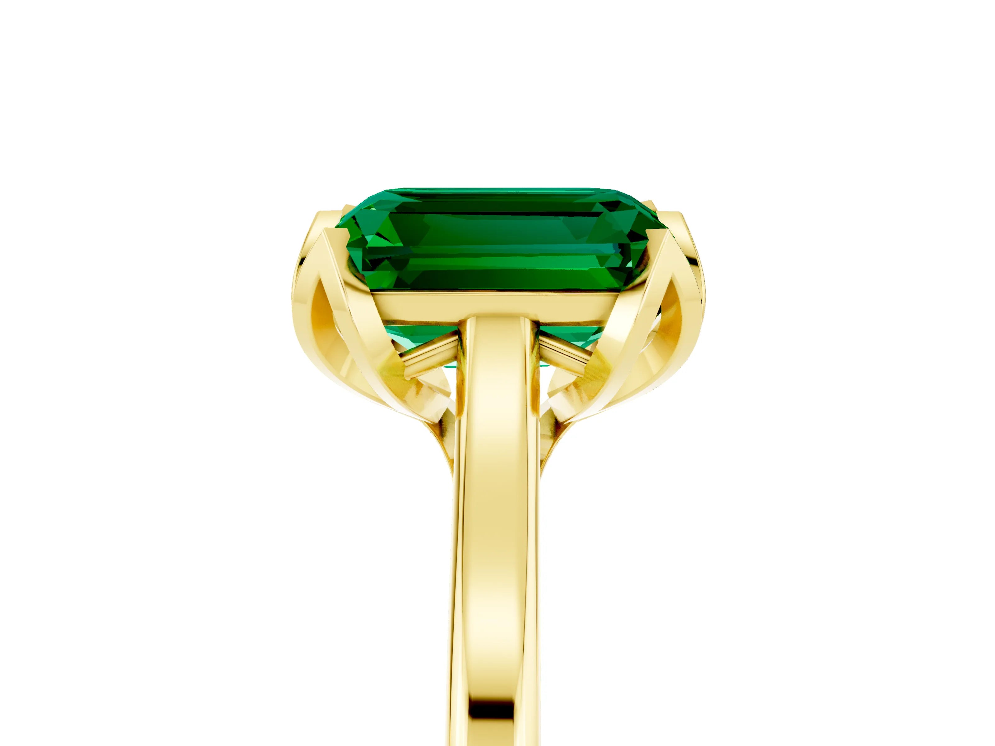 Yellow gold Emerald Cut Emerald Solitaire Ring with Flower Prong Setting and Classic Band_17
