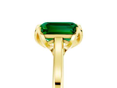 Yellow gold Emerald Cut Emerald Solitaire Ring with Flower Prong Setting and Classic Band_17