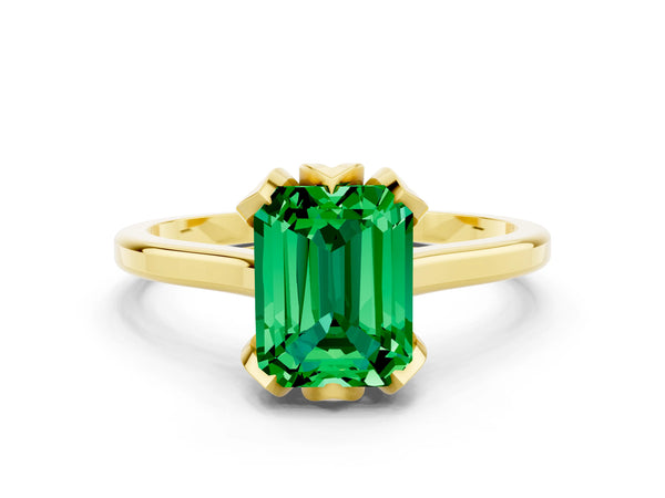 Yellow gold Emerald Cut Emerald Solitaire Ring with Flower Prong Setting and Classic Band