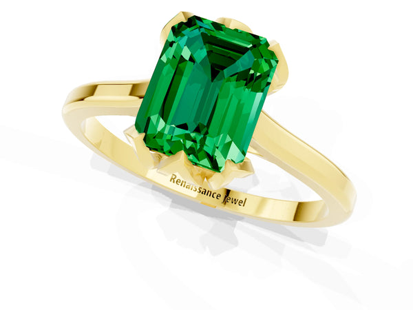 Yellow gold Emerald Cut Emerald Solitaire Ring with Flower Prong Setting and Classic Band