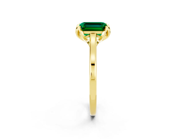 Yellow gold Emerald Cut Emerald Solitaire Ring with Flower Prong Setting and Classic Band