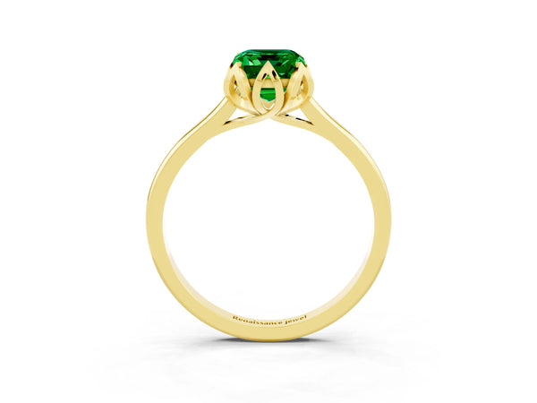 Yellow gold Emerald Cut Emerald Solitaire Ring with Flower Prong Setting and Classic Band