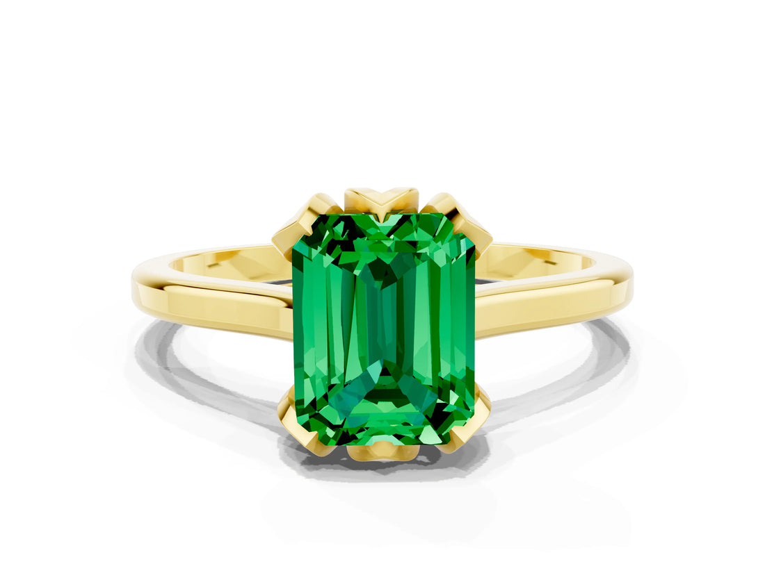 Yellow gold Emerald Cut Emerald Solitaire Ring with Flower Prong Setting and Classic Band_36