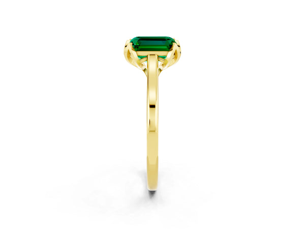 Yellow Gold Emerald Cut Lab-Grown Emerald Floral Solitaire Engagement Ring with Plain Band