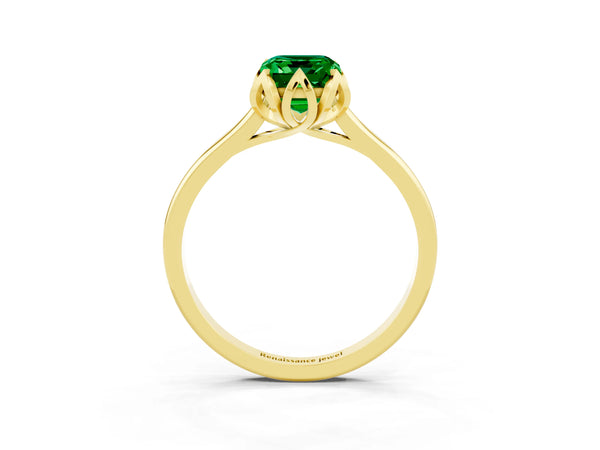Yellow Gold Emerald Cut Lab-Grown Emerald Floral Solitaire Engagement Ring with Plain Band