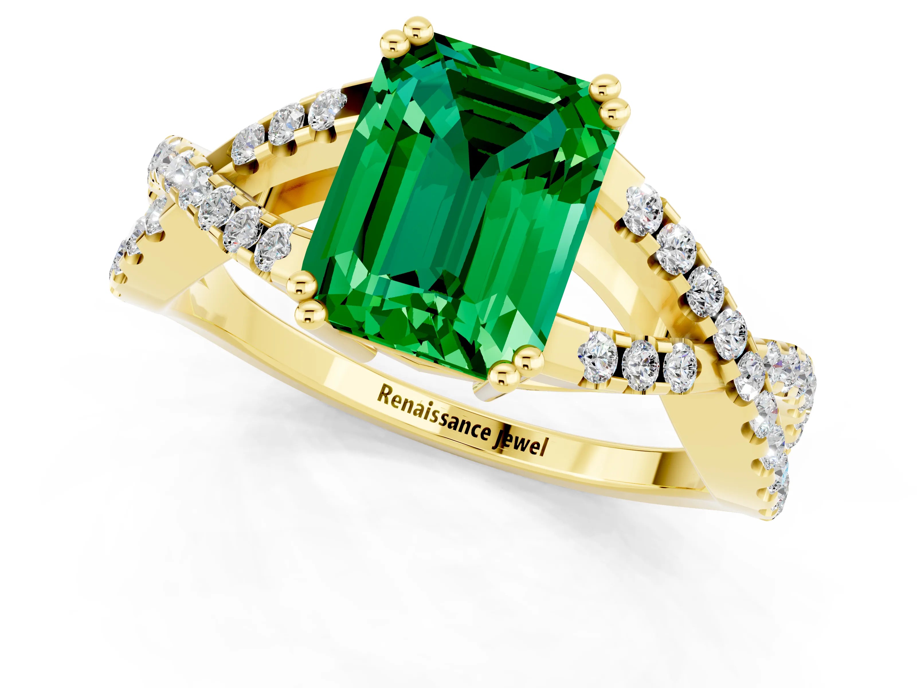 Yellow gold Emerald Cut Emerald Solitaire Ring with Four-Prong Setting and Twisted Pavé Band_1