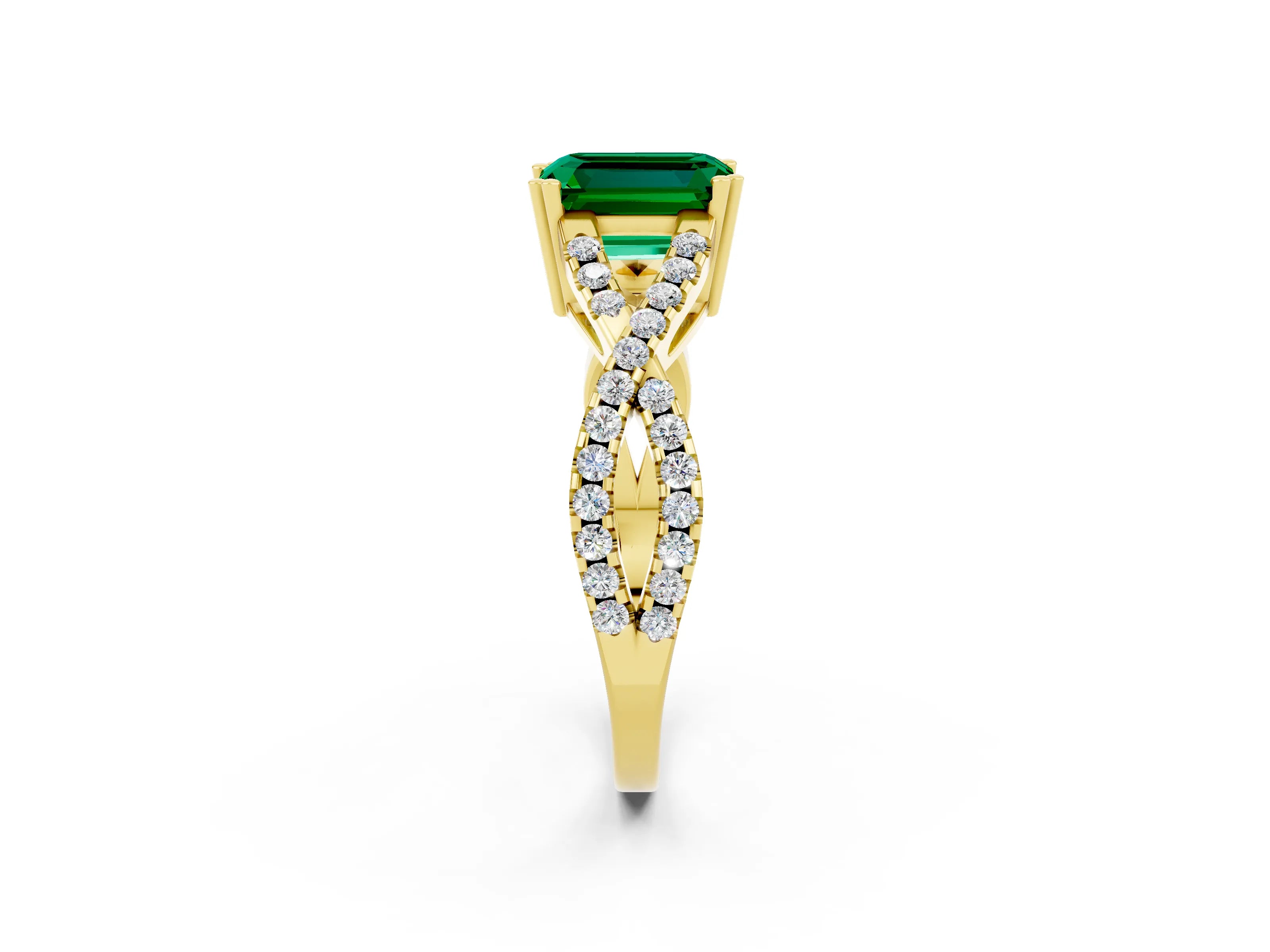 Yellow gold Emerald Cut Emerald Solitaire Ring with Four-Prong Setting and Twisted Pavé Band_2