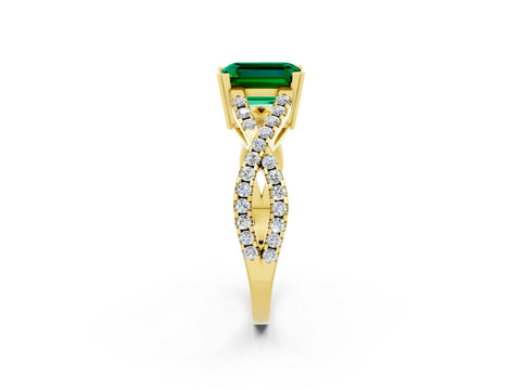 Yellow gold Emerald Cut Emerald Solitaire Ring with Four-Prong Setting and Twisted Pavé Band_2