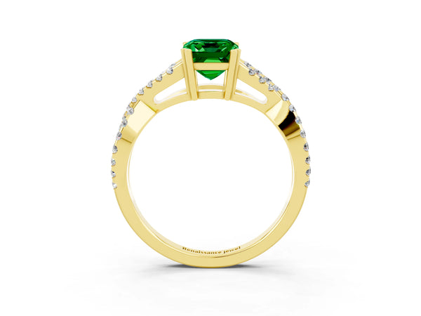 Yellow gold Emerald Cut Emerald Solitaire Ring with Four-Prong Setting and Twisted Pavé Band