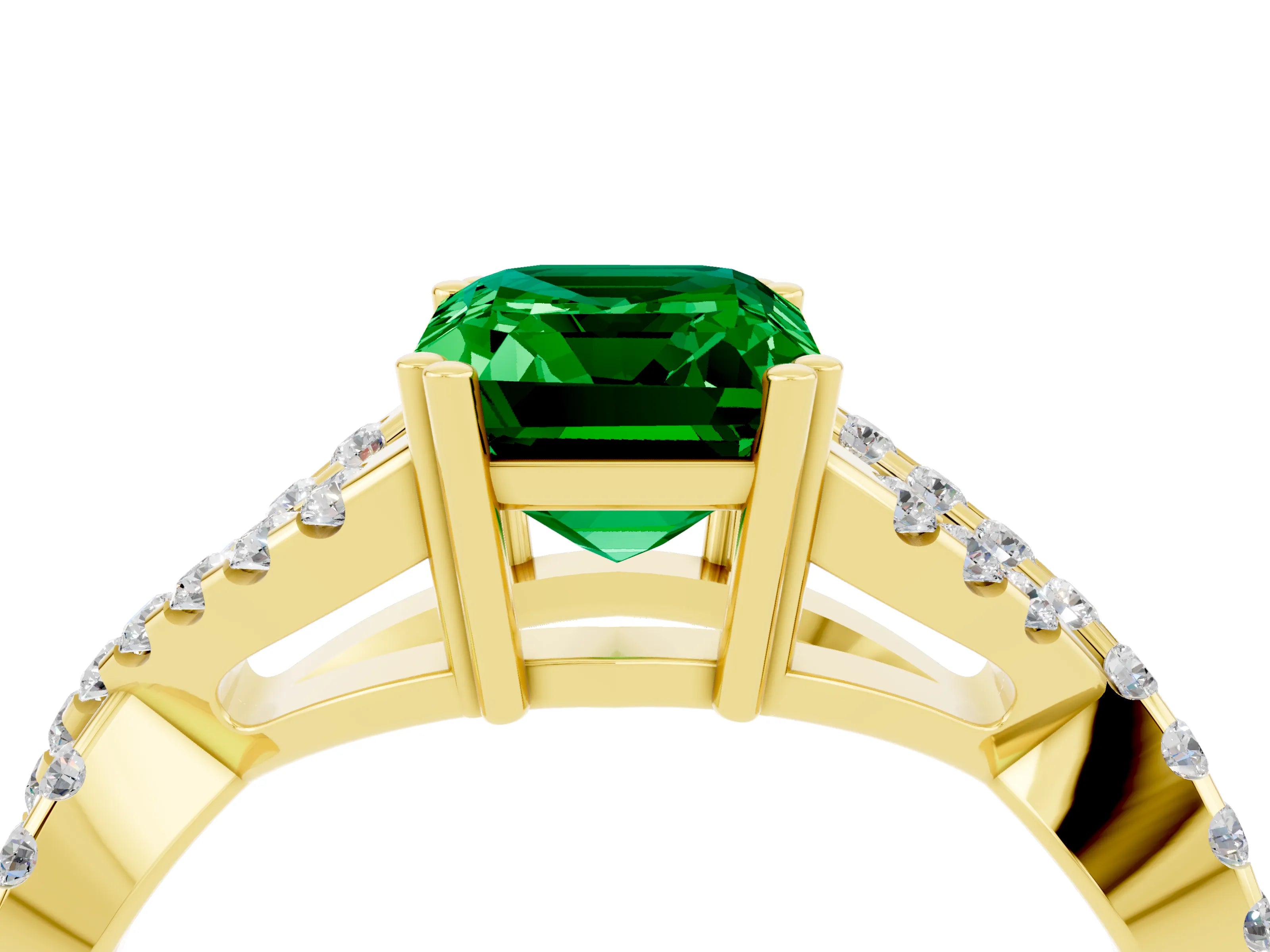 Yellow gold Emerald Cut Emerald Solitaire Ring with Four-Prong Setting and Twisted Pavé Band_4