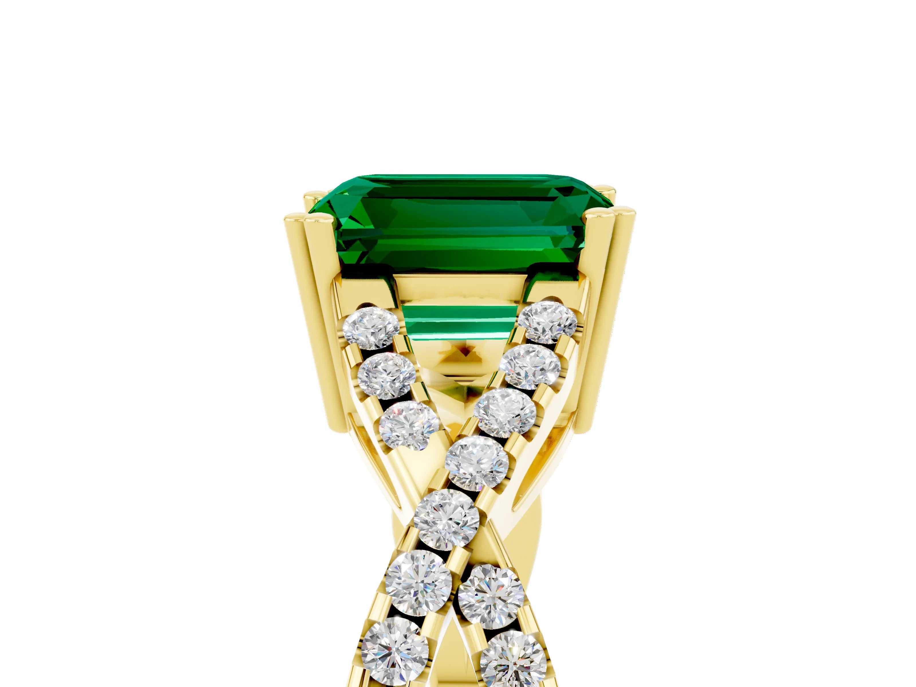 Yellow gold Emerald Cut Emerald Solitaire Ring with Four-Prong Setting and Twisted Pavé Band_5