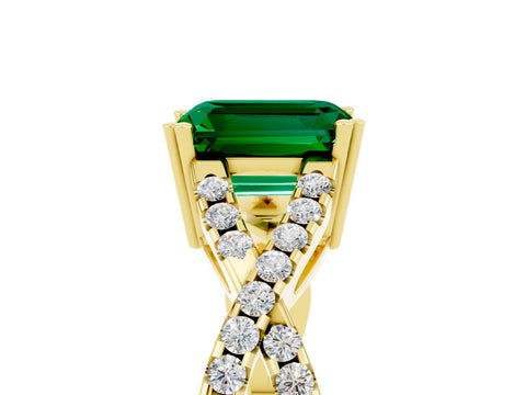 Yellow gold Emerald Cut Emerald Solitaire Ring with Four-Prong Setting and Twisted Pavé Band_5
