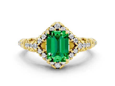 Yellow gold Emerald Cut Emerald Solitaire Ring with Hidden Halo and Pavé Band_12