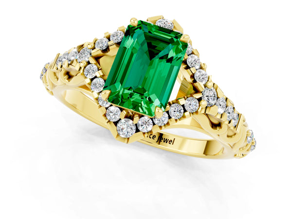 Yellow gold Emerald Cut Emerald Solitaire Ring with Hidden Halo and Pavé Band
