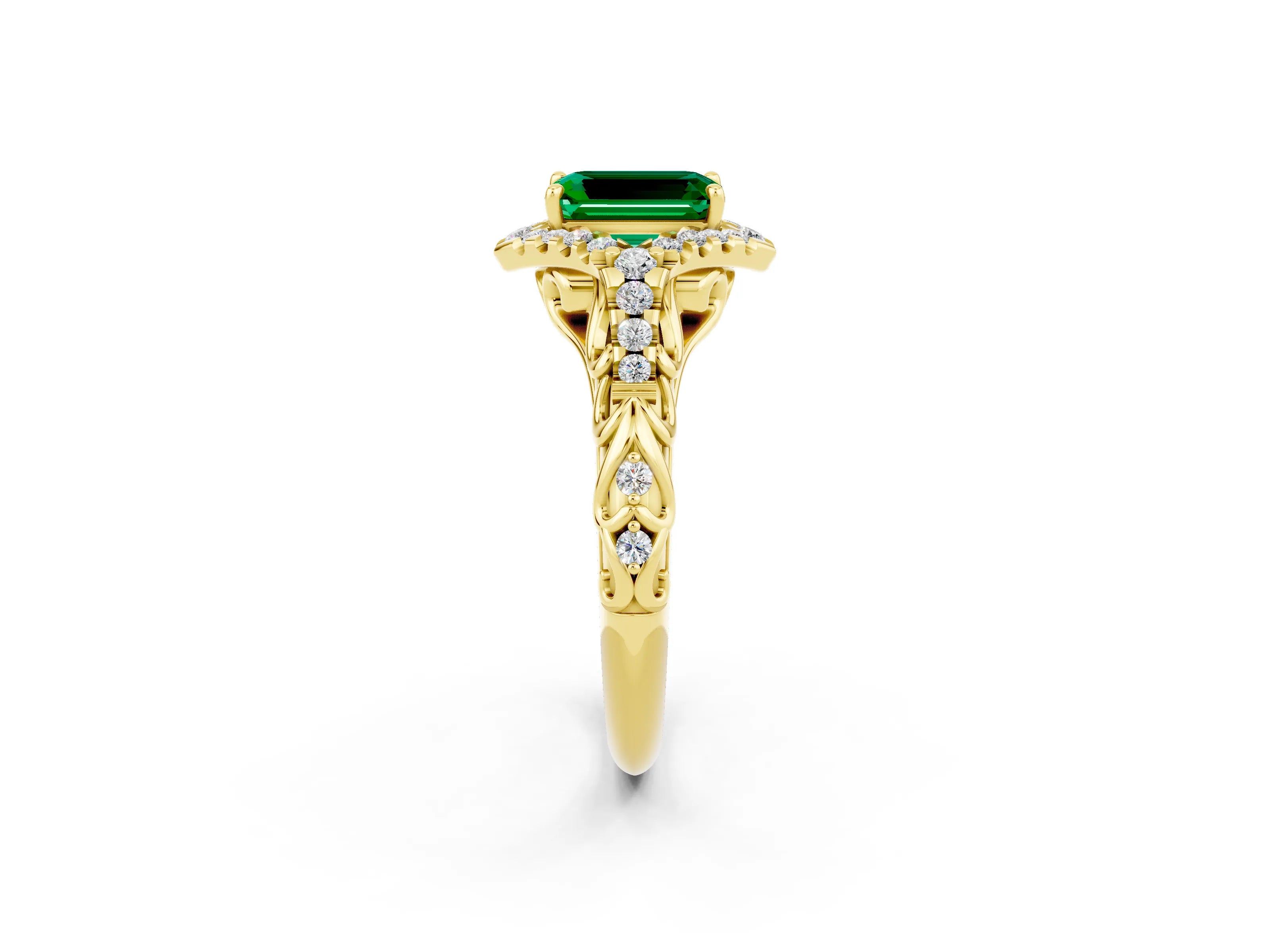 Yellow gold Emerald Cut Emerald Solitaire Ring with Hidden Halo and Pavé Band_14