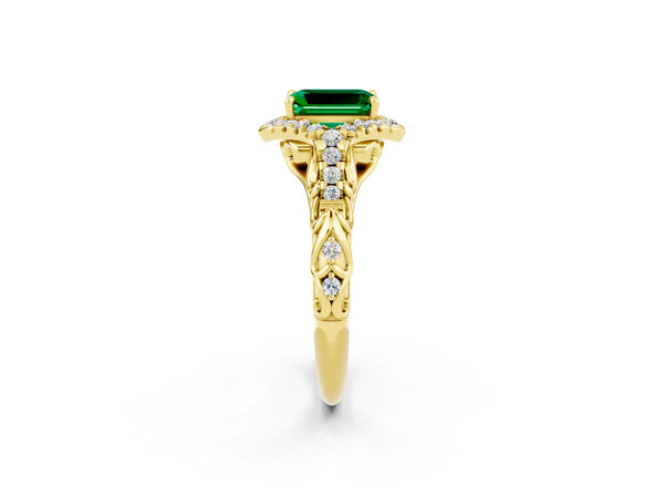 Yellow gold Emerald Cut Emerald Solitaire Ring with Hidden Halo and Pavé Band