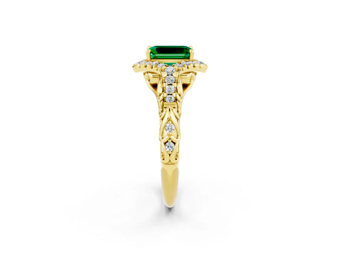 Yellow gold Emerald Cut Emerald Solitaire Ring with Hidden Halo and Pavé Band_14