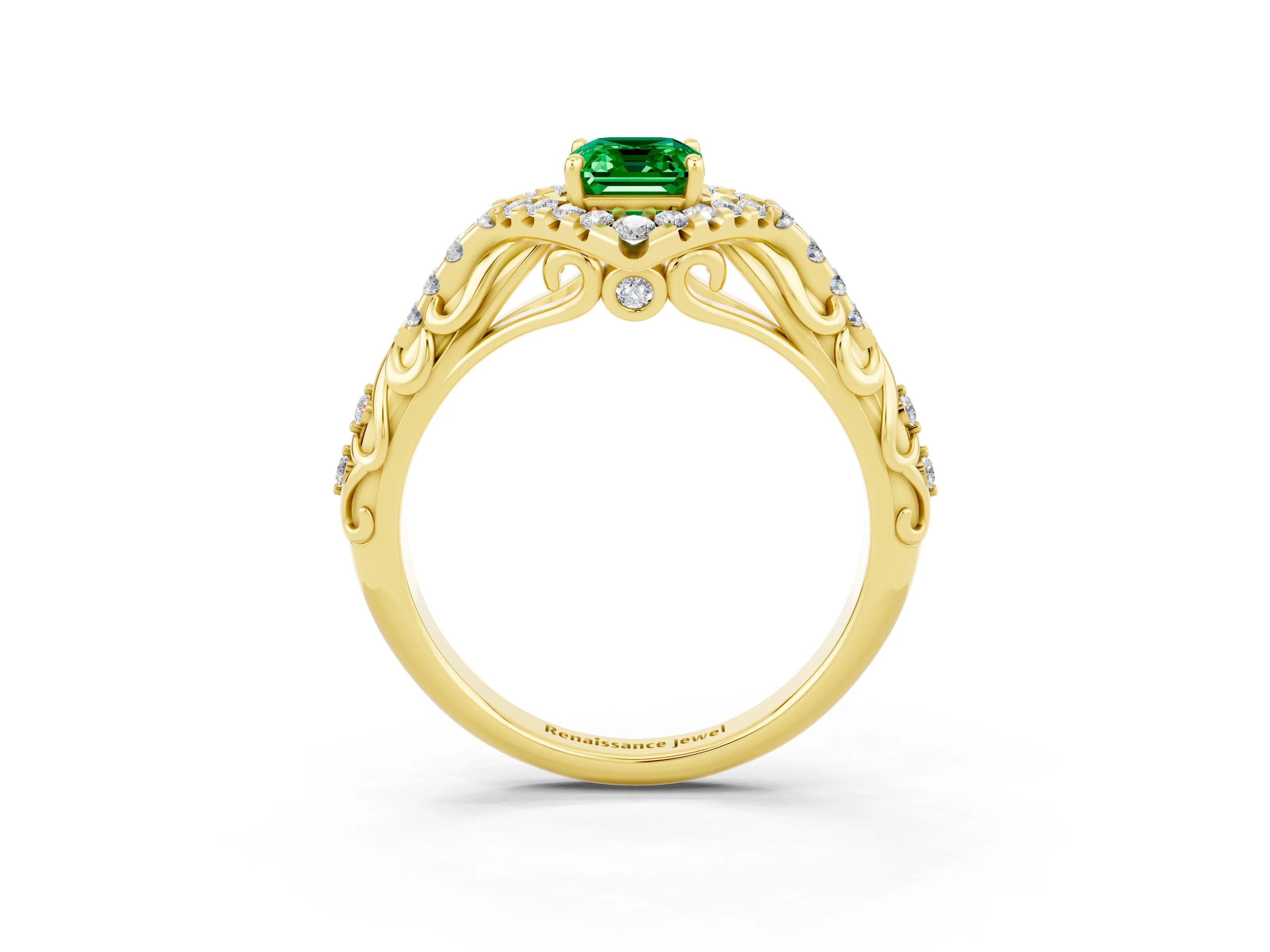 Yellow gold Emerald Cut Emerald Solitaire Ring with Hidden Halo and Pavé Band_15