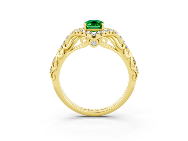 Yellow gold Emerald Cut Emerald Solitaire Ring with Hidden Halo and Pavé Band
