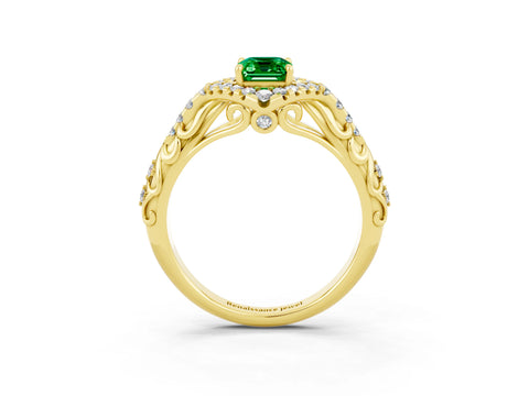 Yellow gold Emerald Cut Emerald Solitaire Ring with Hidden Halo and Pavé Band_15