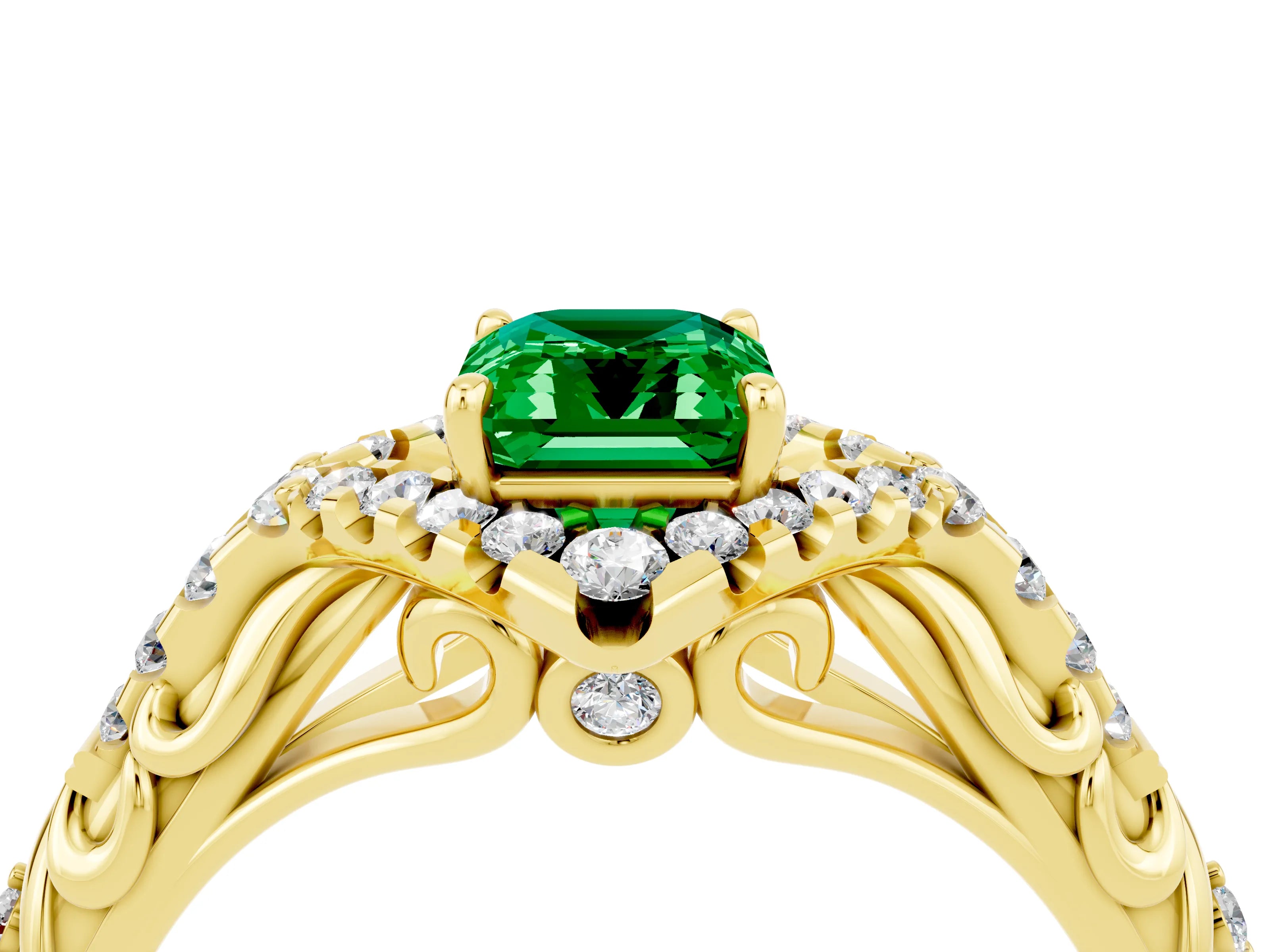 Yellow gold Emerald Cut Emerald Solitaire Ring with Hidden Halo and Pavé Band_16