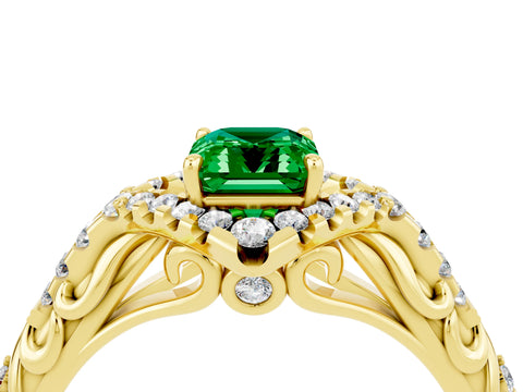 Yellow gold Emerald Cut Emerald Solitaire Ring with Hidden Halo and Pavé Band_16