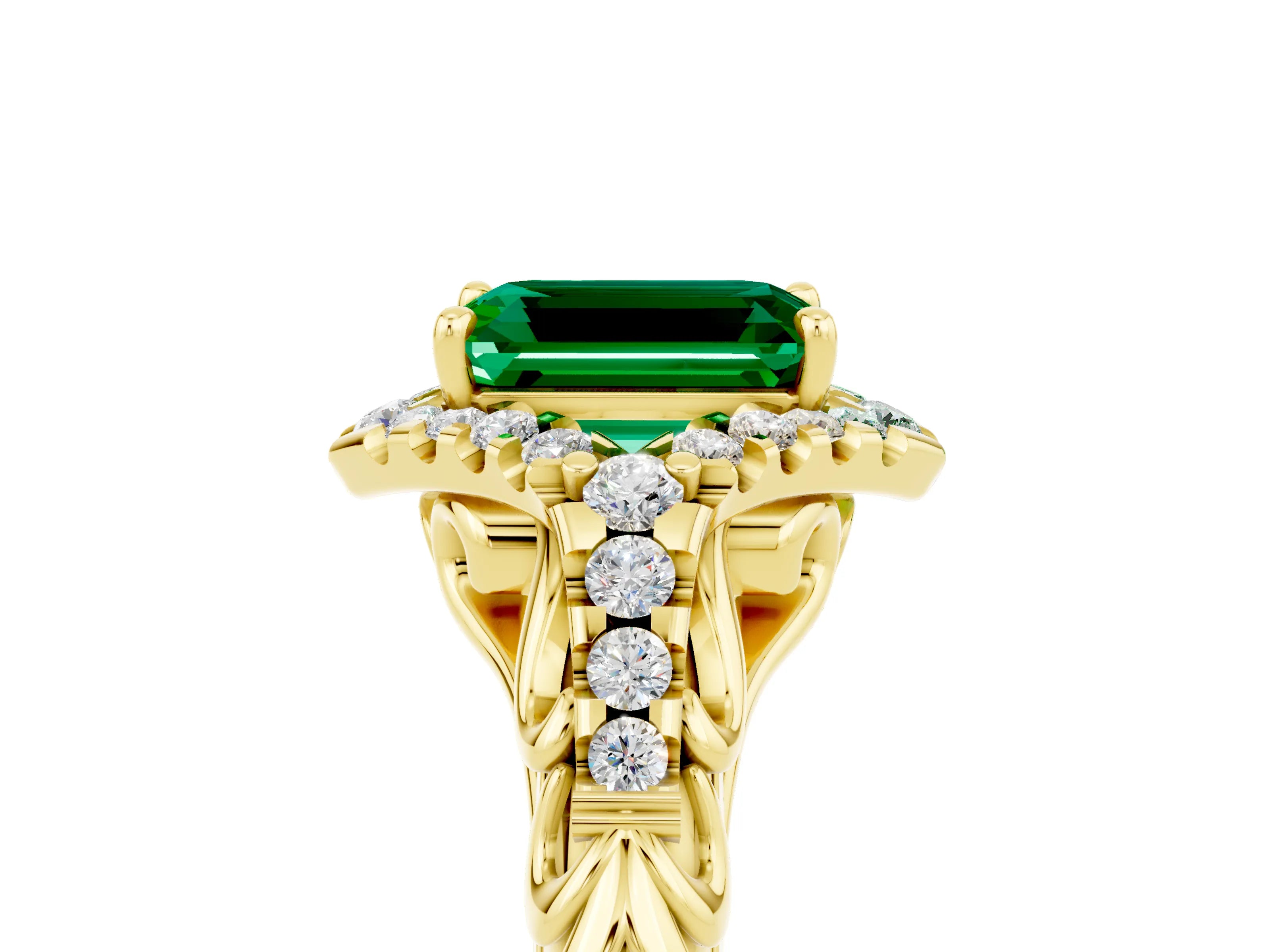 Yellow gold Emerald Cut Emerald Solitaire Ring with Hidden Halo and Pavé Band_17
