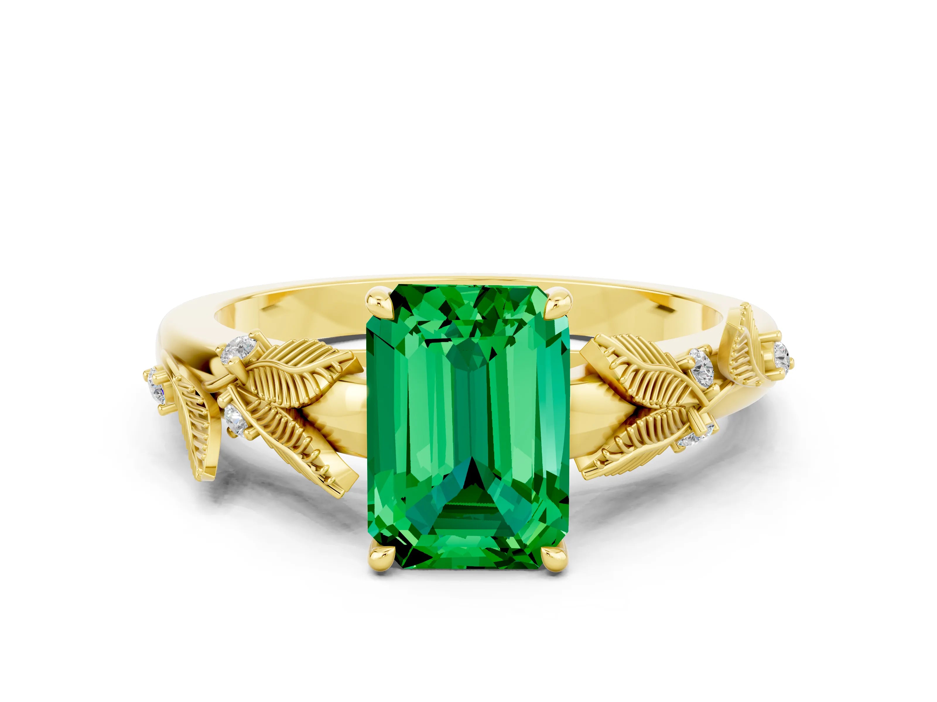 Yellow gold Emerald Cut Emerald Solitaire Ring with Leaf Motif Band and Four-Prong Setting
