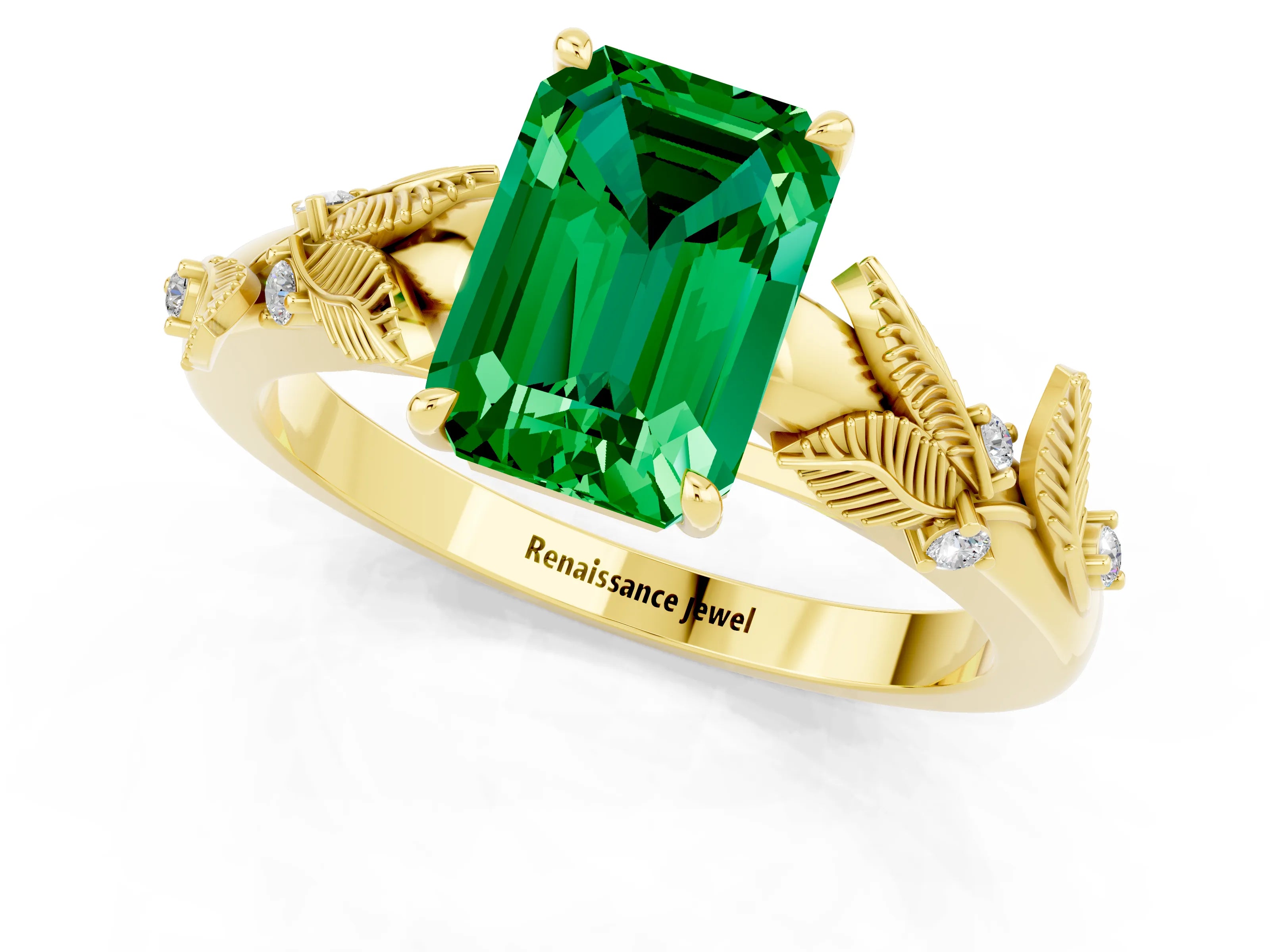 Yellow gold Emerald Cut Emerald Solitaire Ring with Leaf Motif Band and Four-Prong Setting_1