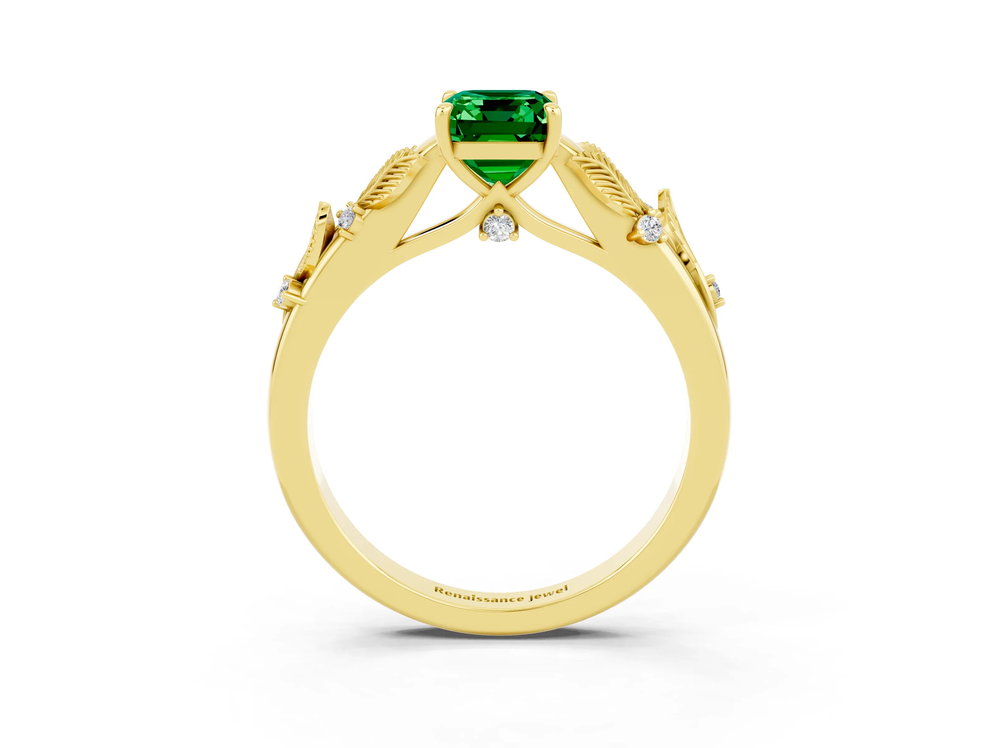 Yellow gold Emerald Cut Emerald Solitaire Ring with Leaf Motif Band and Four-Prong Setting_3