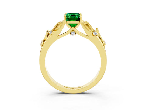 Yellow gold Emerald Cut Emerald Solitaire Ring with Leaf Motif Band and Four-Prong Setting_3