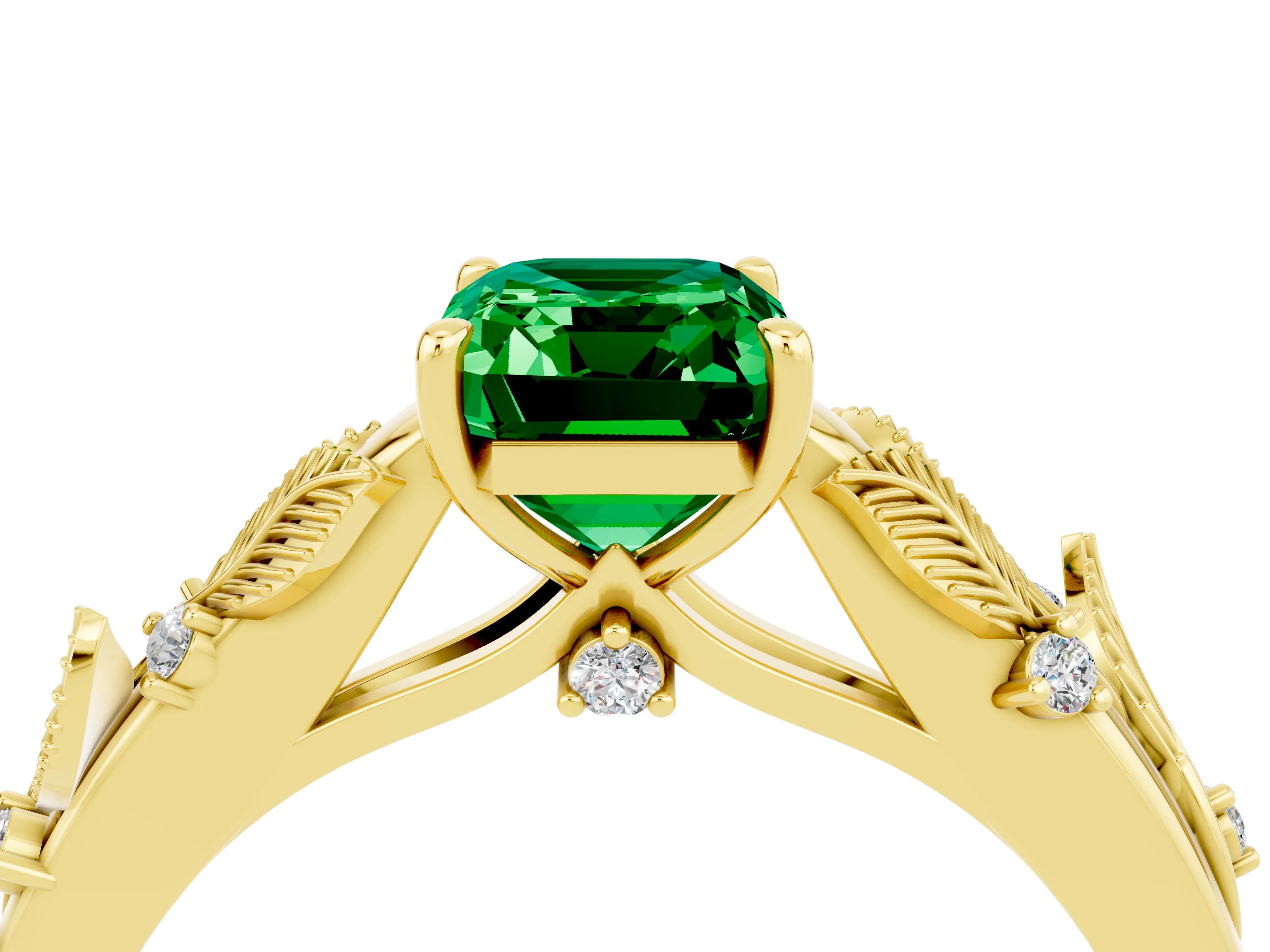 Yellow gold Emerald Cut Emerald Solitaire Ring with Leaf Motif Band and Four-Prong Setting_4