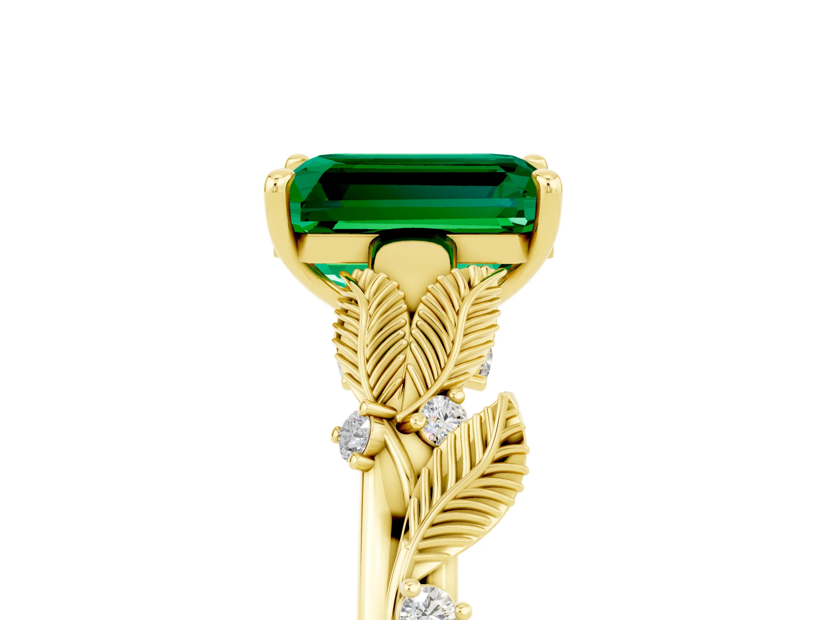 Yellow gold Emerald Cut Emerald Solitaire Ring with Leaf Motif Band and Four-Prong Setting_5