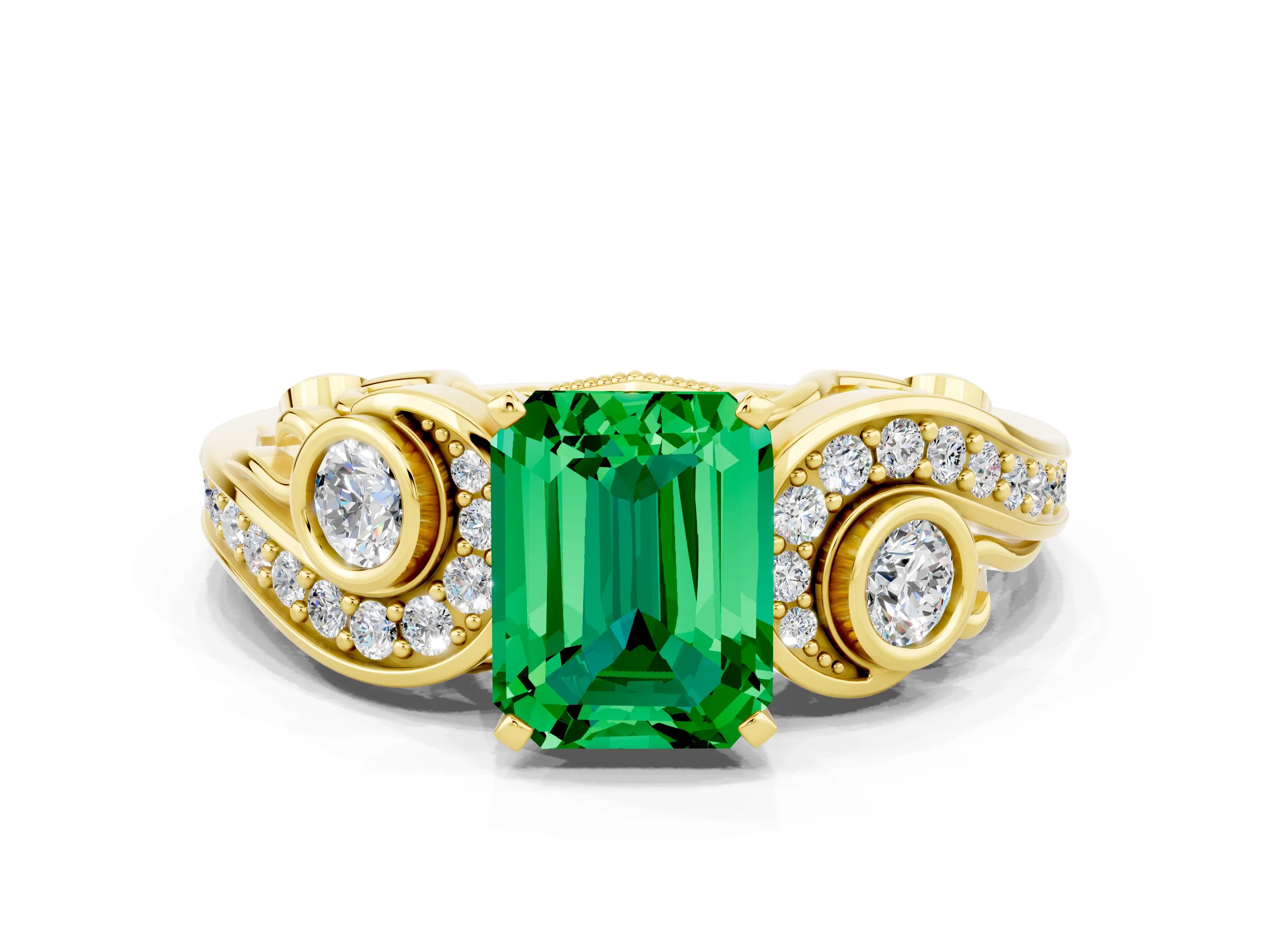 Yellow gold Emerald Cut Emerald Solitaire Ring with Milgrain Pavé Band and Four-Prong Setting_24
