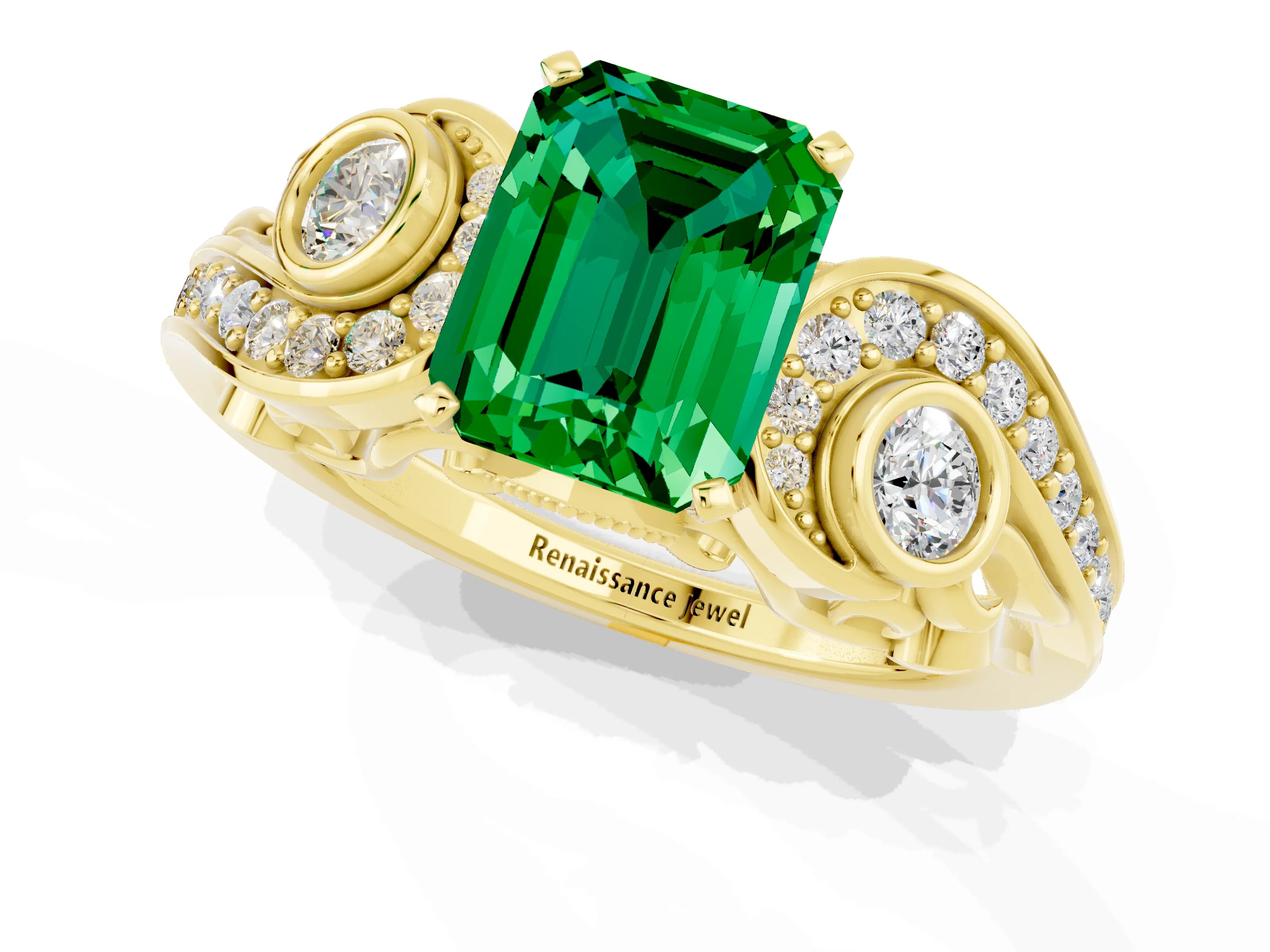 Yellow gold Emerald Cut Emerald Solitaire Ring with Milgrain Pavé Band and Four-Prong Setting_25