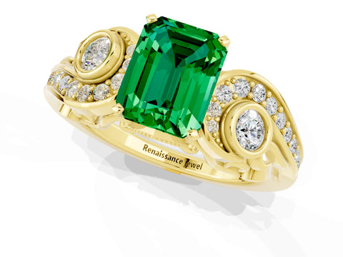 Yellow gold Emerald Cut Emerald Solitaire Ring with Milgrain Pavé Band and Four-Prong Setting_25