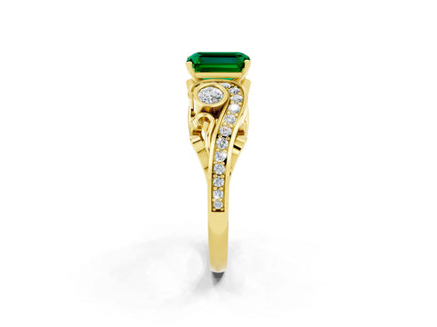Yellow gold Emerald Cut Emerald Solitaire Ring with Milgrain Pavé Band and Four-Prong Setting_26