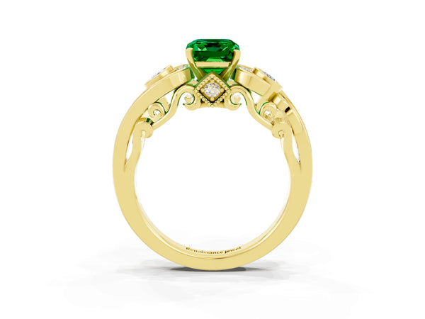 Yellow gold Emerald Cut Emerald Solitaire Ring with Milgrain Pavé Band and Four-Prong Setting