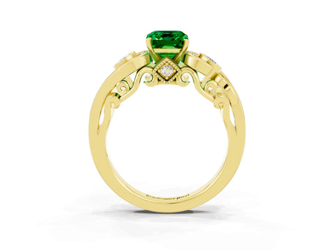Yellow gold Emerald Cut Emerald Solitaire Ring with Milgrain Pavé Band and Four-Prong Setting_27