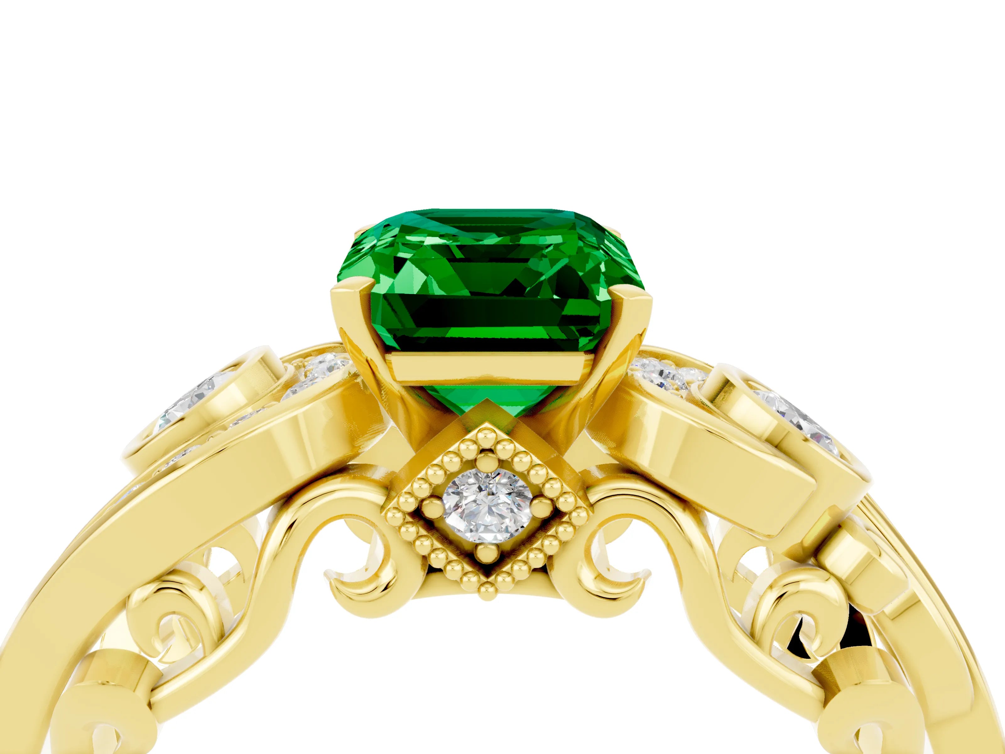 Yellow gold Emerald Cut Emerald Solitaire Ring with Milgrain Pavé Band and Four-Prong Setting_28