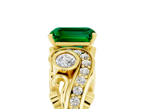 Yellow gold Emerald Cut Emerald Solitaire Ring with Milgrain Pavé Band and Four-Prong Setting_29